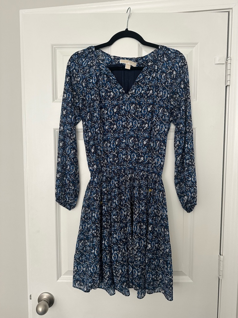 Michael Kors Navy Paisley V-Neck Long Sleeve Dress